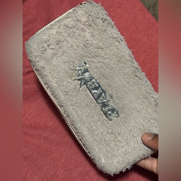 PLAYBOY Gray Faux Fur Clutch with Silver Logo - Picture 1 of 2